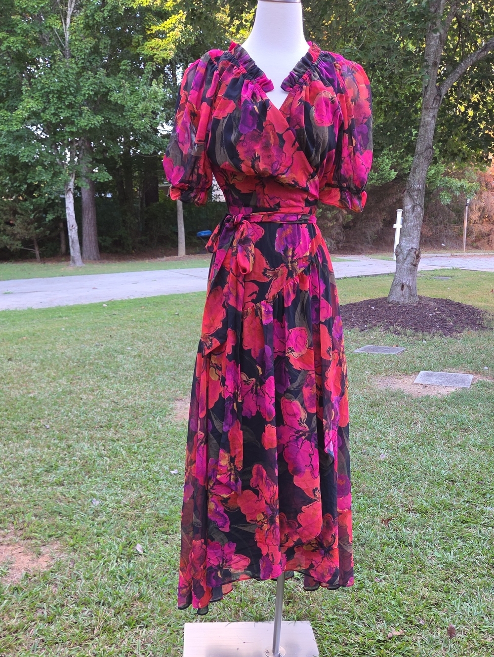 Hutch Floral Wrap Midi Dress in Fuchsia and Black